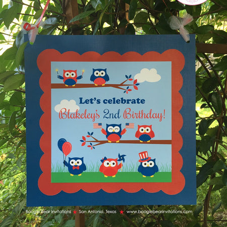4th of July Owls Birthday Party Door Banner Boy Girl Fireworks Patriotic Flag Independence Day USA Boogie Bear Invitations Blakeley Theme