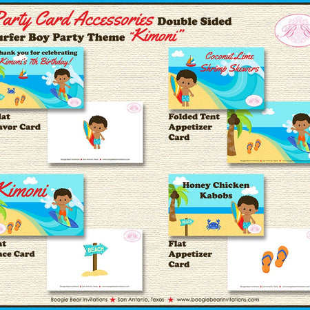 Surfer Boy Birthday Party Favor Card Tent Place Appetizer Food Sign Beach Pool Surfing Swimming Swim Boogie Bear Invitations Kimoni Theme