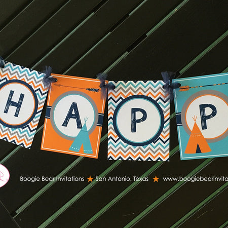 Teepee Arrow Happy Birthday Party Banner Chevron Orange Navy Blue Aqua Grey Village Tribe Tipi Boy Girl Boogie Bear Invitations Mikasi Theme