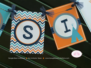 Teepee Arrow Birthday Party Name Banner Chevron Orange Navy Aqua Turquoise Village Tribe Retro Girl Boy Boogie Bear Invitations Mikasi Theme