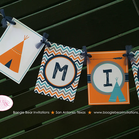 Teepee Arrow Birthday Party Name Banner Chevron Orange Navy Aqua Turquoise Village Tribe Retro Girl Boy Boogie Bear Invitations Mikasi Theme