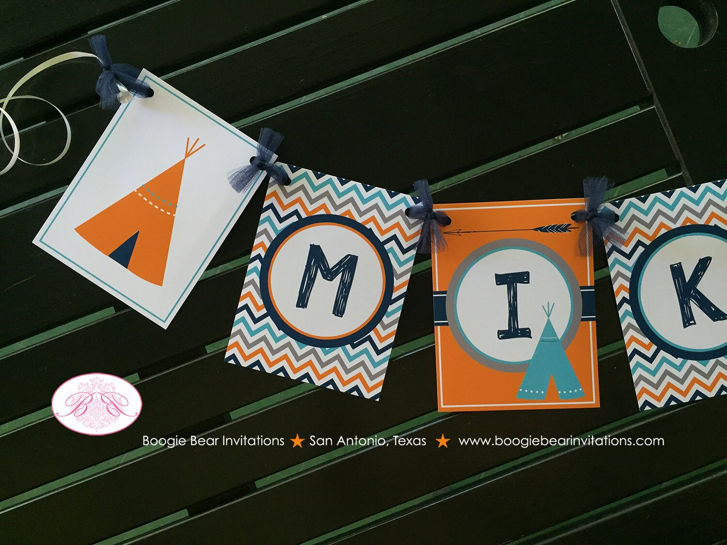 Teepee Arrow Birthday Party Name Banner Chevron Orange Navy Aqua Turquoise Village Tribe Retro Girl Boy Boogie Bear Invitations Mikasi Theme