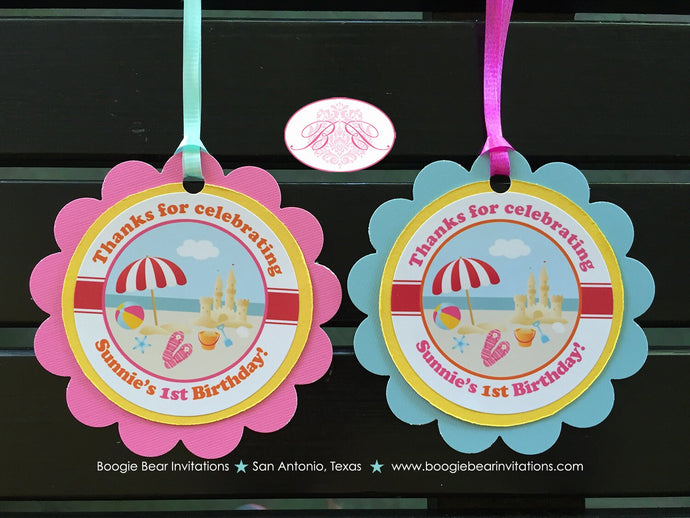 Beach Birthday Party Favor Tags Pool Flip Flop Summer Girl Pink Yellow Blue Swim Swimming Ocean Island Boogie Bear Invitation Sunnie Theme