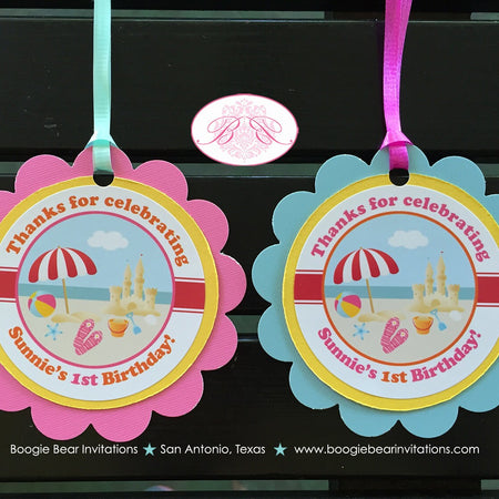 Beach Birthday Party Favor Tags Pool Flip Flop Summer Girl Pink Yellow Blue Swim Swimming Ocean Island Boogie Bear Invitation Sunnie Theme