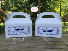 Load image into Gallery viewer, Navy Blue Whale Baby Shower Treat Boxes Favor Tags Bag Box Boy Girl Royal Grey White Chevron Boogie Bear Invitations Kristy Theme Printed