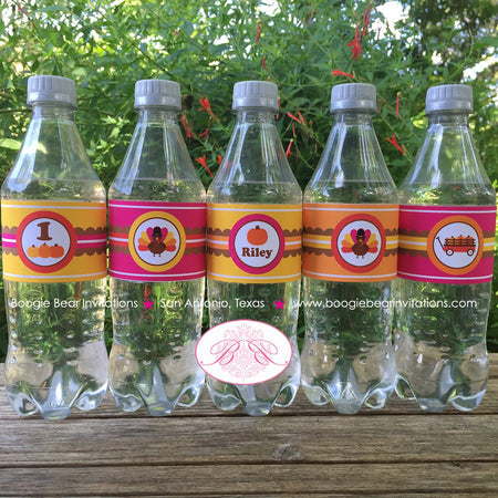 Pink Turkey Birthday Party Bottle Wraps Wrapper Cover Label Girl Fall Pumpkin Little Farm Barn Country Boogie Bear Invitations Riley Theme