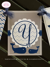 Load image into Gallery viewer, Navy Blue Whale Baby Shower Name Banner Little Boy Girl Grey White Chevron Valentines Day Swim Party Boogie Bear Invitations Kristy Theme