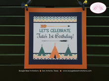 Load image into Gallery viewer, Teepee Arrow Birthday Party Door Banner Chevron Pow Wow Indian Orange Navy Blue Yellow Wild One Boy Girl Boogie Bear Invitations Tate Theme