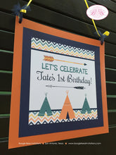 Load image into Gallery viewer, Teepee Arrow Birthday Party Door Banner Chevron Pow Wow Indian Orange Navy Blue Yellow Wild One Boy Girl Boogie Bear Invitations Tate Theme