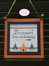 Load image into Gallery viewer, Teepee Arrow Birthday Party Door Banner Chevron Pow Wow Indian Orange Navy Blue Yellow Wild One Boy Girl Boogie Bear Invitations Tate Theme