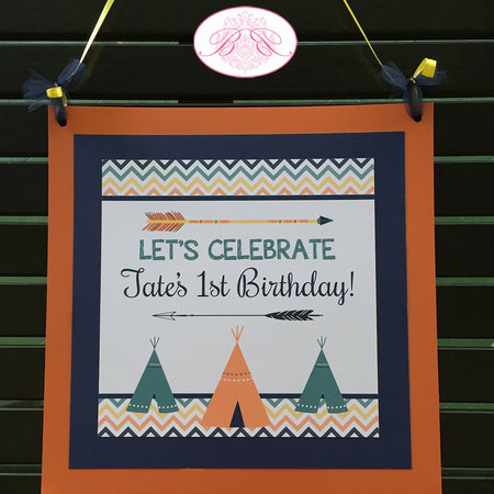 Teepee Arrow Birthday Party Door Banner Chevron Pow Wow Indian Orange Navy Blue Yellow Wild One Boy Girl Boogie Bear Invitations Tate Theme