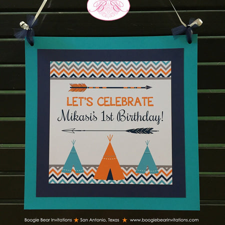 Teepee Arrow Birthday Party Door Banner Happy Welcome Chevron Orange Aqua Blue Boy Girl Tipi Arrow Camp Boogie Bear Invitations Mikasi Theme