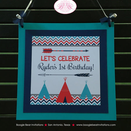Teepee Arrow Birthday Party Door Banner Happy Welcome Chevron Red Aqua Blue Boy Girl Tipi Arrowhead Tent Boogie Bear Invitations Ryder Theme