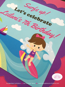 Surfer Girl Birthday Party Door Banner Beach Pink Purple Swim Swimming Ocean Pool Surf Island Surfing Boogie Bear Invitations Leilani Theme