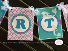 Load image into Gallery viewer, Mermaid Pool Happy Birthday Banner Party Girl Swimming Purple Teal Aqua Turquoise Blue Ocean Tail Swim Boogie Bear Invitations Andrina Theme