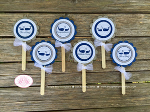 Navy Blue Whale Cupcake Toppers Baby Shower Little Boy Girl Mama Grey White Chevron Pool Swim Boogie Bear Invitations Kristy Theme Printed