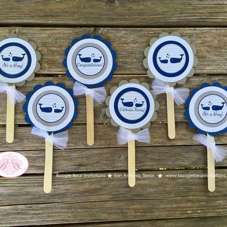 Navy Blue Whale Cupcake Toppers Baby Shower Little Boy Girl Mama Grey White Chevron Pool Swim Boogie Bear Invitations Kristy Theme Printed