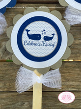 Load image into Gallery viewer, Navy Blue Whale Cupcake Toppers Baby Shower Little Boy Girl Mama Grey White Chevron Pool Swim Boogie Bear Invitations Kristy Theme Printed