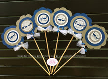 Load image into Gallery viewer, Blue Whale Baby Shower Centerpiece Set Boy Grey White Chevron Navy Royal Scallop Ribbon Pool Swim Party Boogie Bear Invitations Kristy Theme
