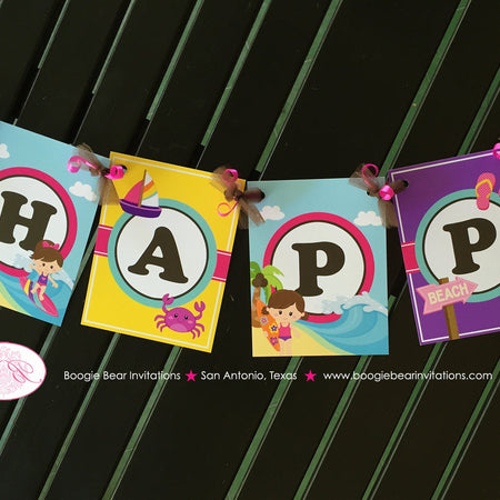 Surfer Girl Happy Birthday Party Banner Beach Ocean Swimming Swim Surf Surfing Hawaii Island Sand Pink Boogie Bear Invitations Leilani Theme