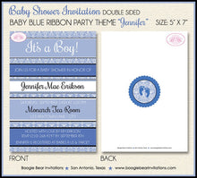 Load image into Gallery viewer, Blue Footprints Baby Shower Invitation Boy Birthday Damask Wallpaper Feet Boogie Bear Invitations Jennifer Theme Paperless Printable Printed