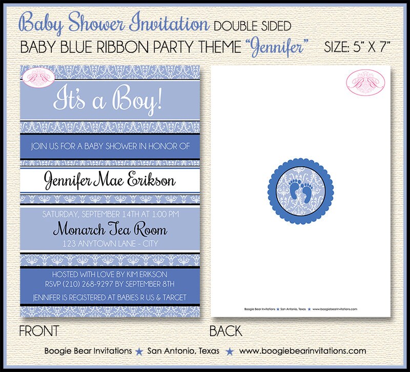 Blue Footprints Baby Shower Invitation Boy Birthday Damask Wallpaper Feet Boogie Bear Invitations Jennifer Theme Paperless Printable Printed