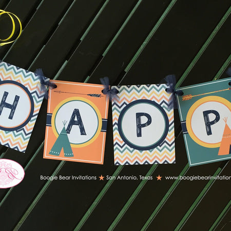 Teepee Arrow Happy Birthday Party Banner Chevron Orange Navy Blue Green Yellow Boy Girl Camping Tipi Boogie Bear Invitations Tate Theme