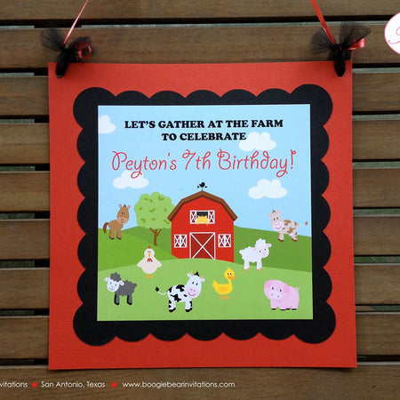 Barn Farm Animals Birthday Door Banner Girl Boy Country Barn Petting Zoo Red Black Cow Pig Lamb Horse Boogie Bear Invitations Peyton Theme