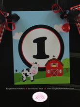 Load image into Gallery viewer, Farm Animals Highchair I am 1 Banner Birthday Party Girl Boy Sheep Horse Cow Duck Red Barn Petting Zoo Boogie Bear Invitations Peyton Theme