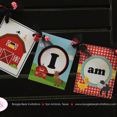 Farm Animals Highchair I am 1 Banner Birthday Party Girl Boy Sheep Horse Cow Duck Red Barn Petting Zoo Boogie Bear Invitations Peyton Theme