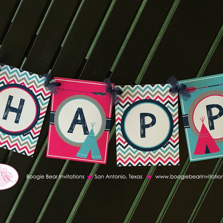 Pink Teepee Arrow Happy Birthday Banner Party Chevron Navy Blue Aqua Turquoise Grey Girl Tipi Pow Wow Boogie Bear Invitations Rayna Theme