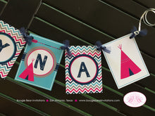 Load image into Gallery viewer, Pink Teepee Arrow Party Name Banner Birthday Chevron Navy Blue Aqua Turquoise Girl Pow Wow Tribe Indian Boogie Bear Invitations Rayna Theme