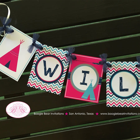 Pink Teepee Arrow Wild and One Banner Birthday Party Chevron Girl Navy Blue Aqua Turquoise Grey 1st 2nd Boogie Bear Invitations Rayna Theme