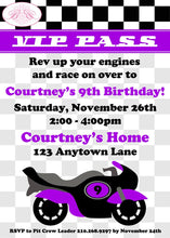 Load image into Gallery viewer, Purple Motorcycle Birthday Party Invitation Girl Race Motocross Enduro Boogie Bear Invitations Courtney Theme Paperless Printable Printed