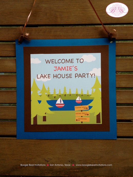 Lake Fishing Birthday Party Door Banner Happy Girl Boy Swimming Boating Forest Park Hiking Camping Boat Boogie Bear Invitations Jamie Theme