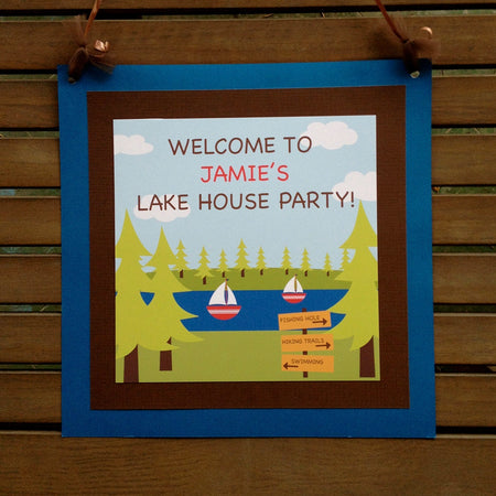 Lake Fishing Birthday Party Door Banner Happy Girl Boy Swimming Boating Forest Park Hiking Camping Boat Boogie Bear Invitations Jamie Theme