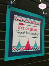 Load image into Gallery viewer, Teepee Arrow Birthday Party Door Banner Happy Welcome Chevron Pink Aqua Teal Navy Blue Girl Tipi Arrow Boogie Bear Invitations Rayna Theme