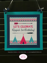 Load image into Gallery viewer, Teepee Arrow Birthday Party Door Banner Happy Welcome Chevron Pink Aqua Teal Navy Blue Girl Tipi Arrow Boogie Bear Invitations Rayna Theme