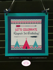 Teepee Arrow Birthday Party Door Banner Happy Welcome Chevron Pink Aqua Teal Navy Blue Girl Tipi Arrow Boogie Bear Invitations Rayna Theme