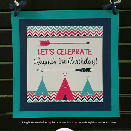 Teepee Arrow Birthday Party Door Banner Happy Welcome Chevron Pink Aqua Teal Navy Blue Girl Tipi Arrow Boogie Bear Invitations Rayna Theme