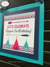 Load image into Gallery viewer, Teepee Arrow Birthday Party Door Banner Happy Welcome Chevron Pink Aqua Teal Navy Blue Girl Tipi Arrow Boogie Bear Invitations Rayna Theme