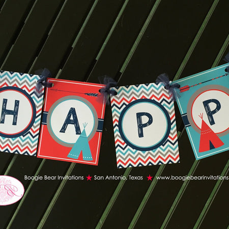 Teepee Arrow Happy Birthday Party Banner Chevron Red Navy Blue Aqua Turquoise Grey Boy Girl Tipi Camping Boogie Bear Invitations Ryder Theme