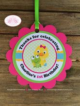 Load image into Gallery viewer, Frog Duck Birthday Party Favor Tags Spring Flower Gardening Girl Pink Green Yellow Pond Chick Boots Boogie Bear Invitation Charlize Theme