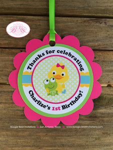 Frog Duck Birthday Party Favor Tags Spring Flower Gardening Girl Pink Green Yellow Pond Chick Boots Boogie Bear Invitation Charlize Theme