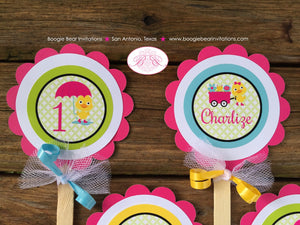 Frog Duck Birthday Party Cupcake Toppers Pink Girl Spring Flower Gardening Green Wagon Umbrella Rain Boogie Bear Invitations Charlize Theme