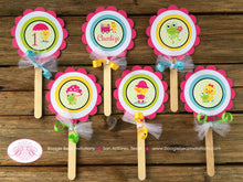Load image into Gallery viewer, Frog Duck Birthday Party Cupcake Toppers Pink Girl Spring Flower Gardening Green Wagon Umbrella Rain Boogie Bear Invitations Charlize Theme