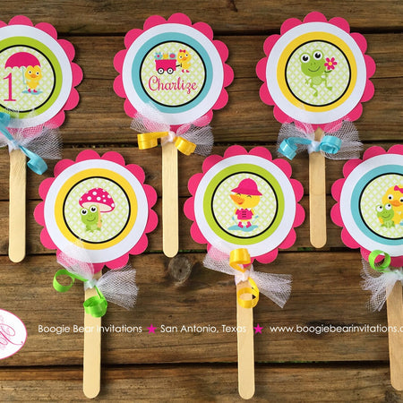 Frog Duck Birthday Party Cupcake Toppers Pink Girl Spring Flower Gardening Green Wagon Umbrella Rain Boogie Bear Invitations Charlize Theme