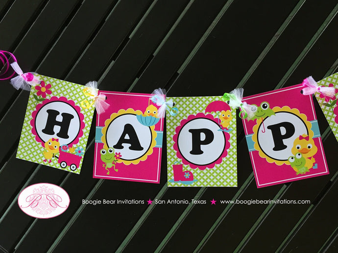 Frog Duck Happy Birthday Party Banner Girl Pink Spring Flowers Gardening Green Rain Boots Chick Pond Boogie Bear Invitations Charlize Theme