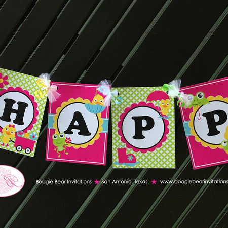 Frog Duck Happy Birthday Party Banner Girl Pink Spring Flowers Gardening Green Rain Boots Chick Pond Boogie Bear Invitations Charlize Theme