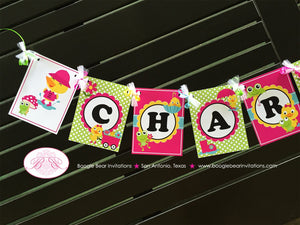 Frog Duck Birthday Party Name Banner Pink Girl Spring Flower Gardening Green 1st 2nd 3rd 4th 5th 6th Boogie Bear Invitations Charlize Theme